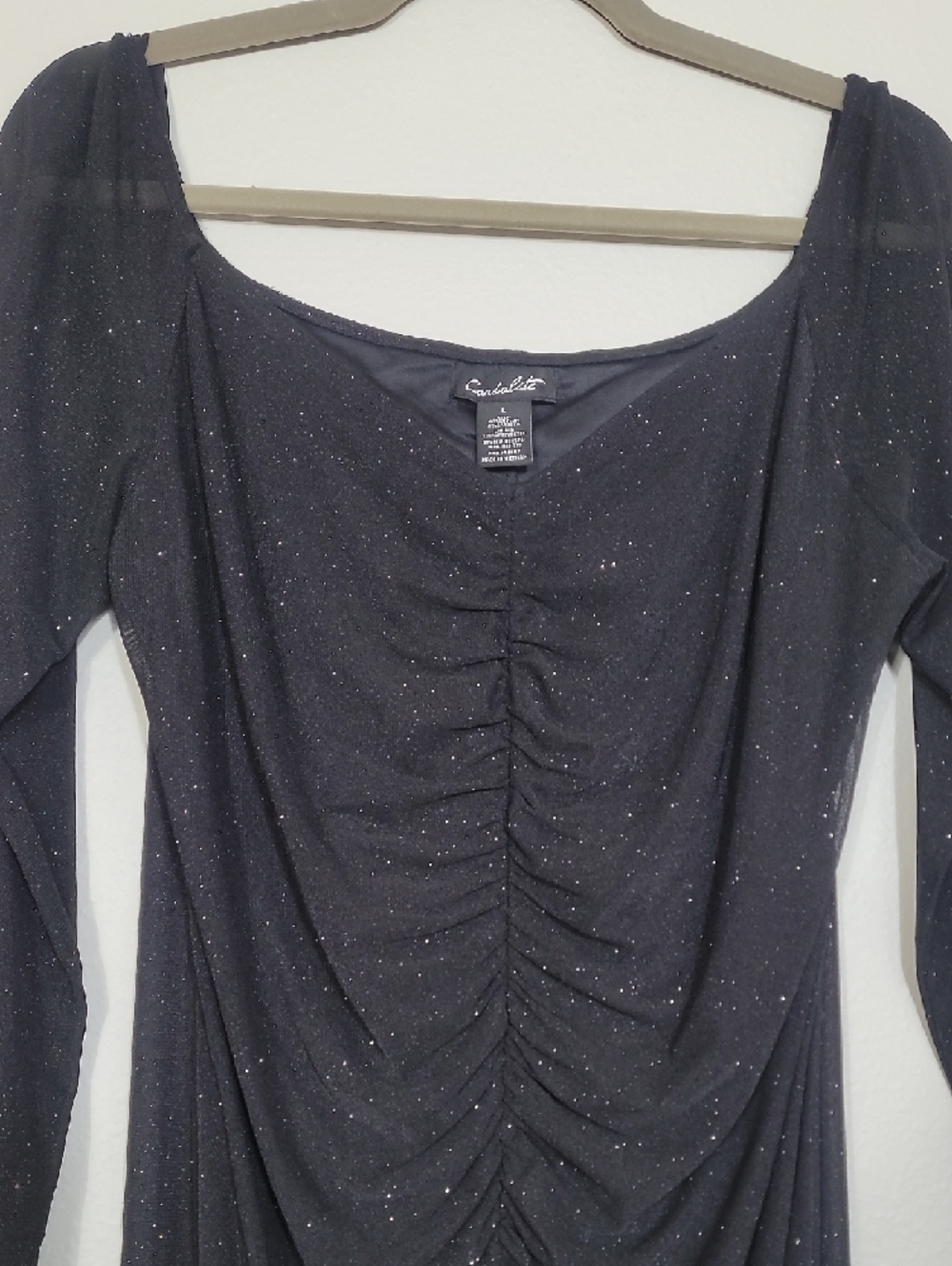 Vintage Candalite Ruched Maxi Formal Dress Large Black Sheer Sleeve Whimsigoth